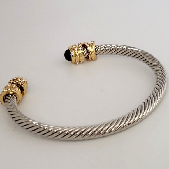 Silver Tone Braided Cuff Bracelet Gold Tone & Rhinestone Ends - Picture 2 of 7